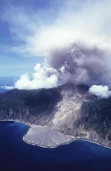 Pyroclastic flows form a delta in the sea. 
